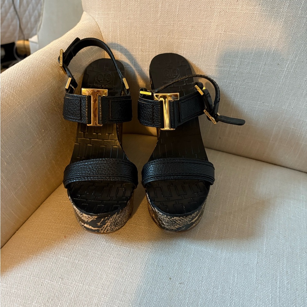 Tory Burch Black Snakeskin Platform Sandals